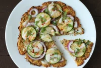 Deconstructed Gobi Paratha Pizza with Cauliflower-Potato Crust & Cucumber Yogurt Raita (Vegan, Gluten-Free)
