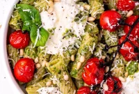 Pesto Rigatoni with Burst Cherry Tomatoes and Creamy Burrata