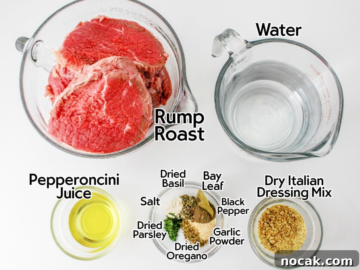 Slow Cooker Italian Beef Sandwich Recipe for Tender, Flavorful Meat 3 Ingredients to make the crockpot Italian beef sandwiches recipe with text labels.