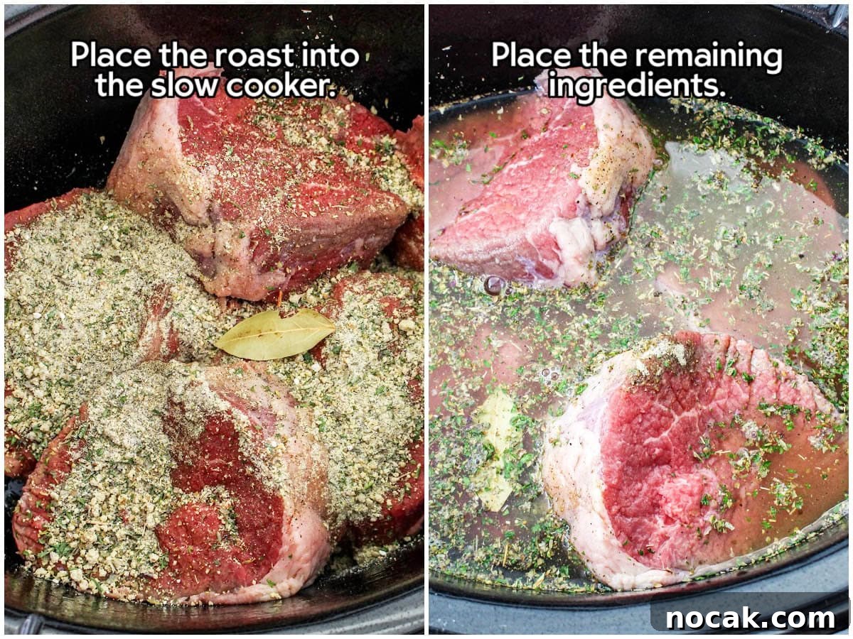 Slow Cooker Italian Beef Sandwich Recipe for Tender, Flavorful Meat 4 Two image collage showing the roast and seasonings being added to the crockpot.