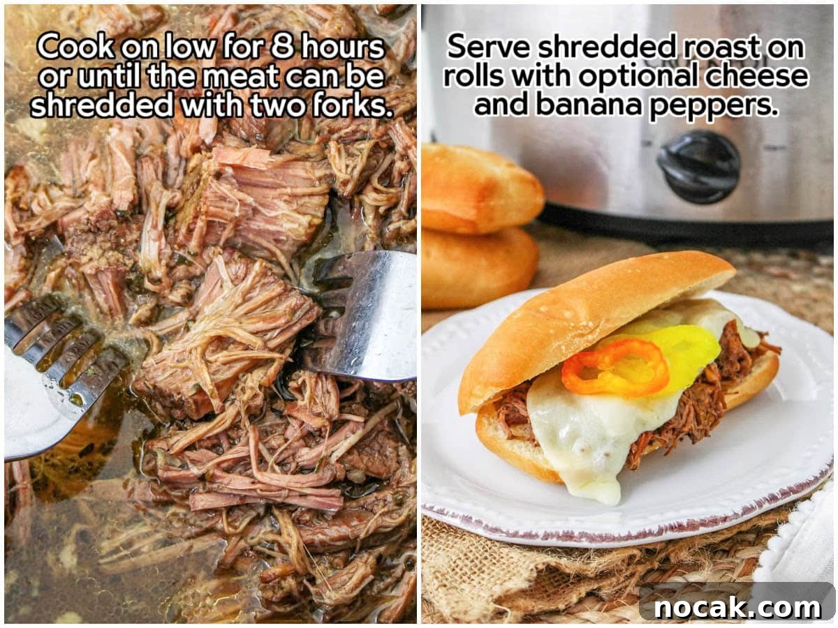 Slow Cooker Italian Beef Sandwich Recipe for Tender, Flavorful Meat 5 Two image collage of shredding the slow cooked Italian beef, and a sandwich with cheese and peppers on a white plate.