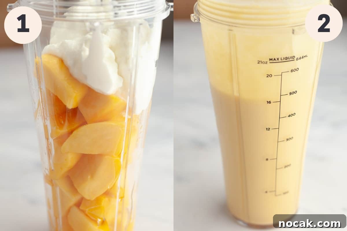Steps 1 and 2 in the mango popsicle process.