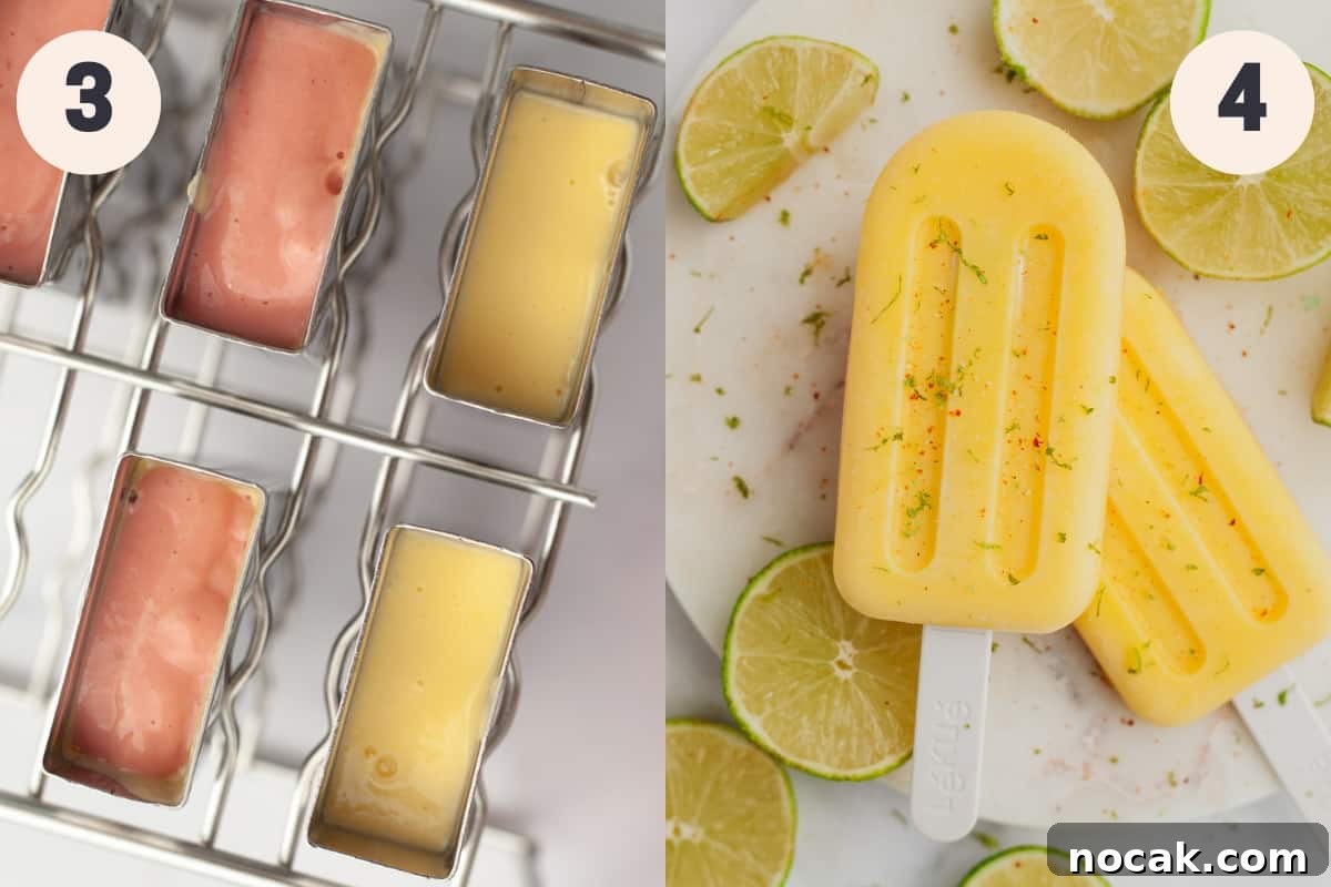 Steps 3 and 4 in the mango popsicle process.