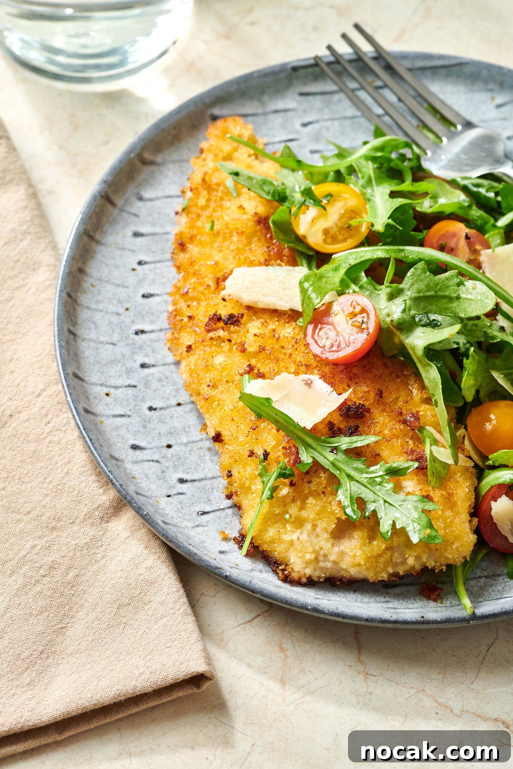 Crispy Breaded Chicken Cutlets: Step-by-Step Coating Guide 12 Chicken Milanese on plate with salad.