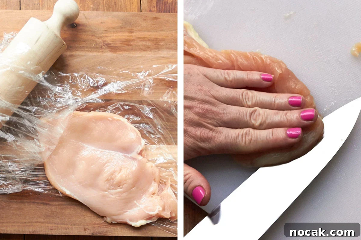 Crispy Breaded Chicken Cutlets: Step-by-Step Coating Guide 3 Woman pounding and slicing chicken breasts into cutlets.