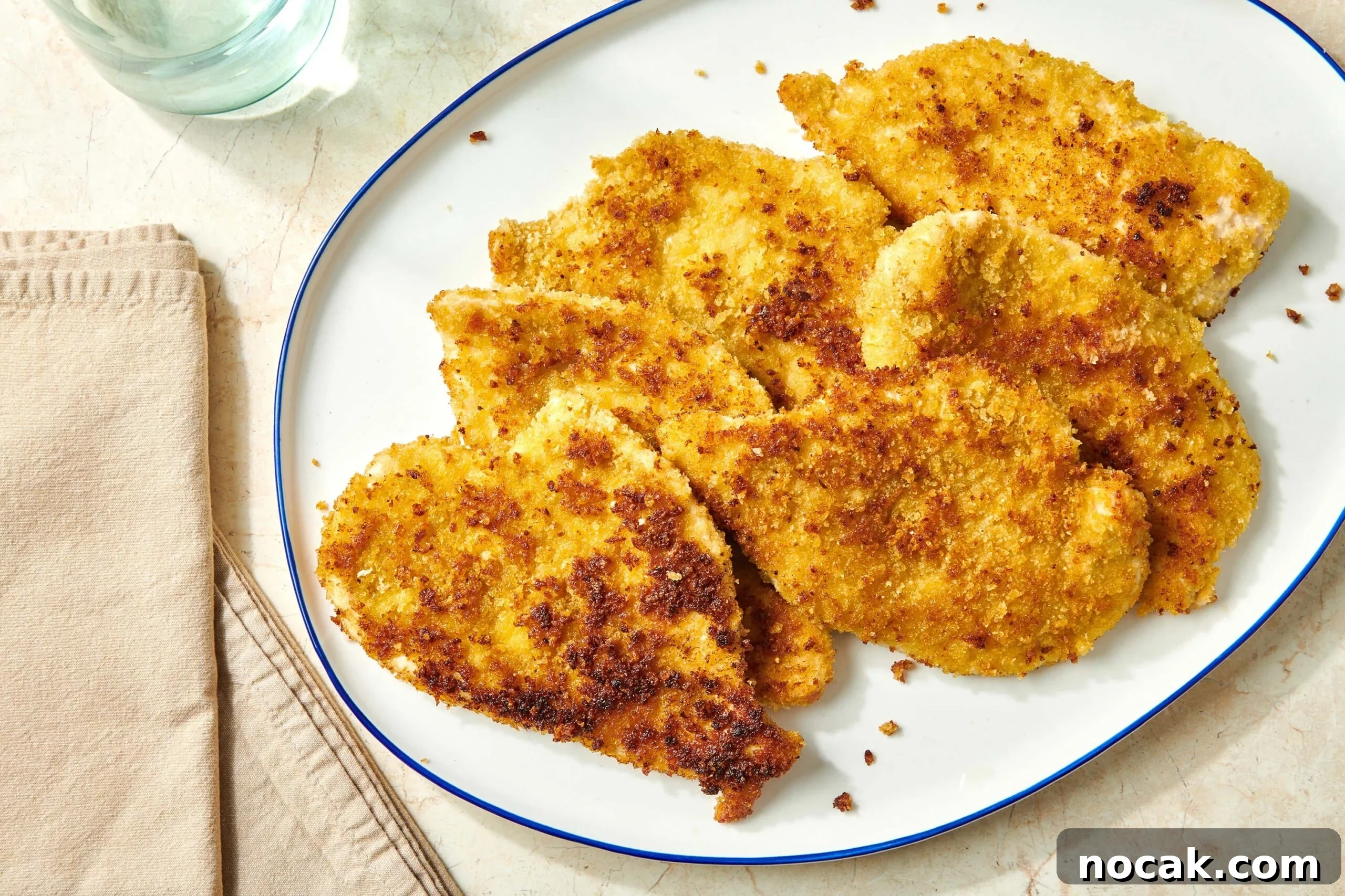 Crispy Breaded Chicken Cutlets: Step-by-Step Coating Guide 8 Cooked breaded chicken cutlets on white plate.