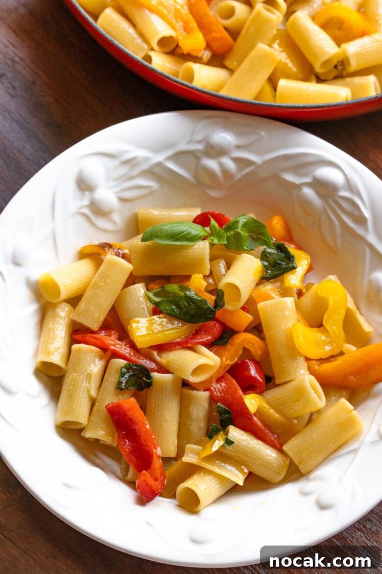 Roasted bell pepper sauce with garlic, basil and pasta.