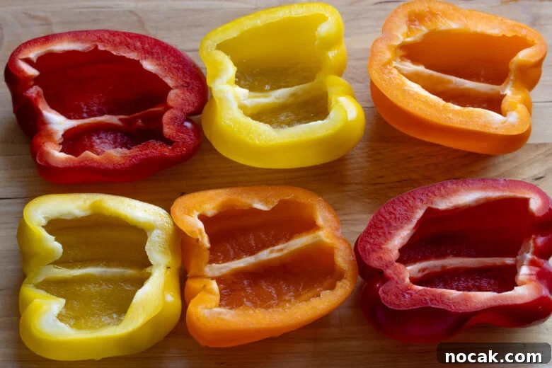Cleaned bell peppers cut lengthwise. 