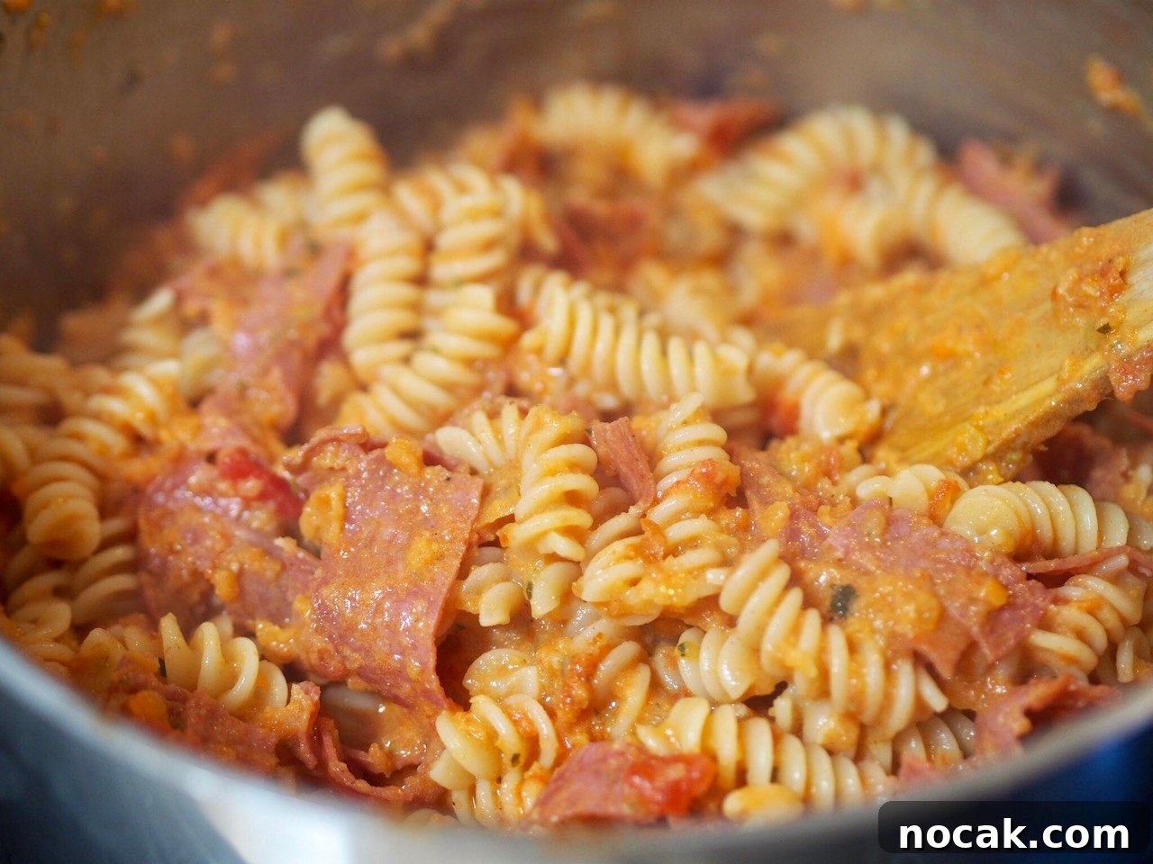 Creamy Five Vegetable and Salami Fusilli Pasta