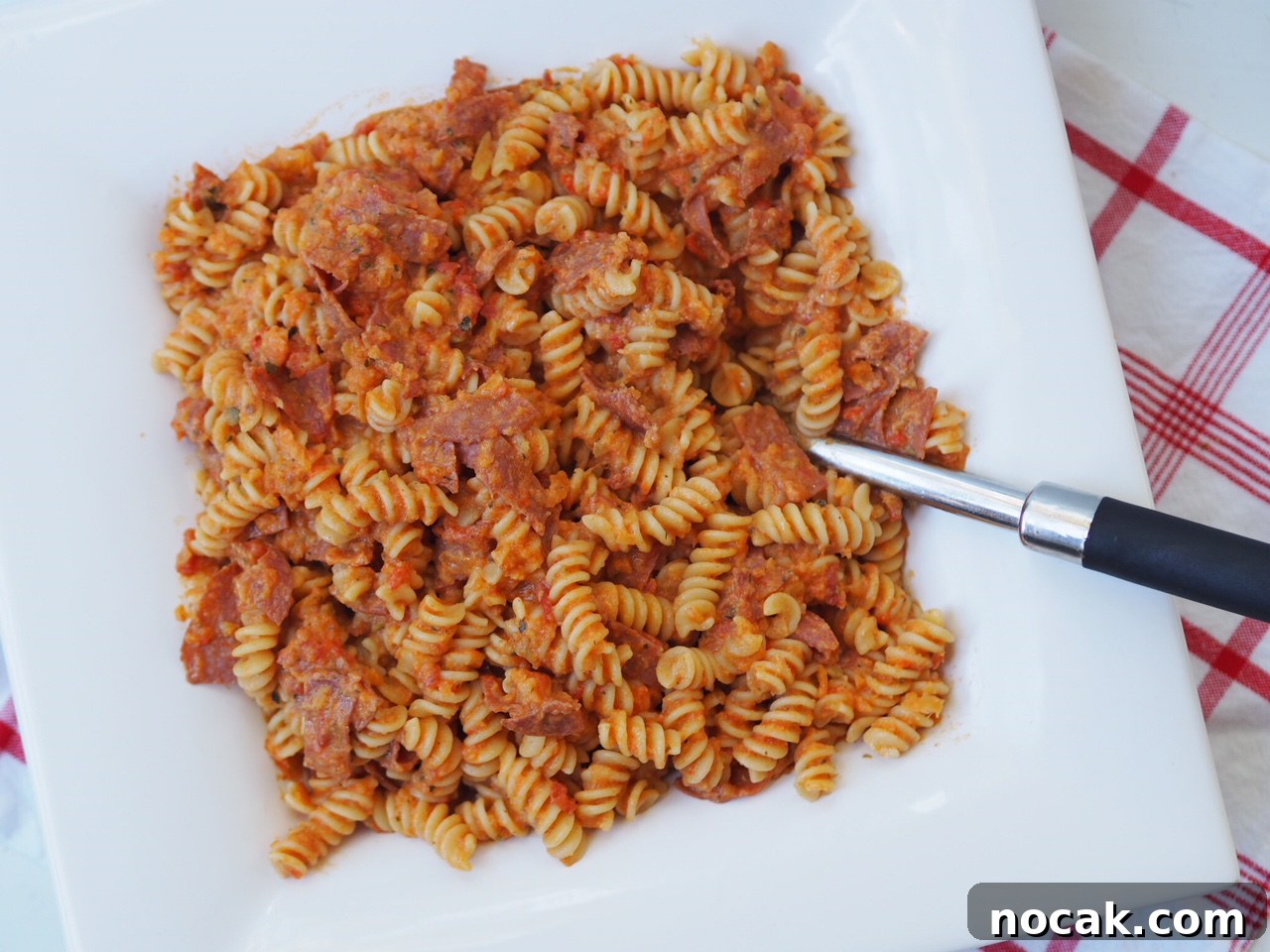 Creamy Five Vegetable and Salami Fusilli Pasta