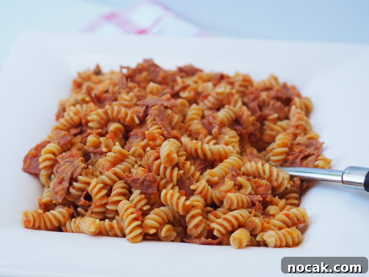 Creamy Five Vegetable and Salami Fusilli Pasta