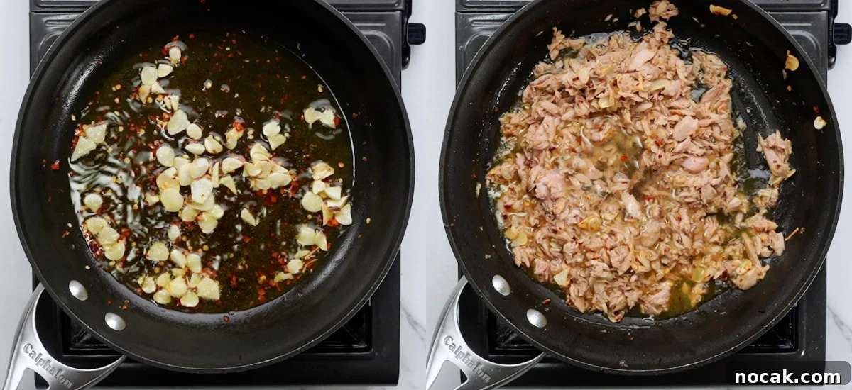 Garlic and chili flakes roasted in olive oil. Tuna and white wine stirred in.
