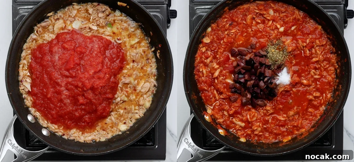 Thick sauce with crushed tomatoes, chopped olives and seasonings.