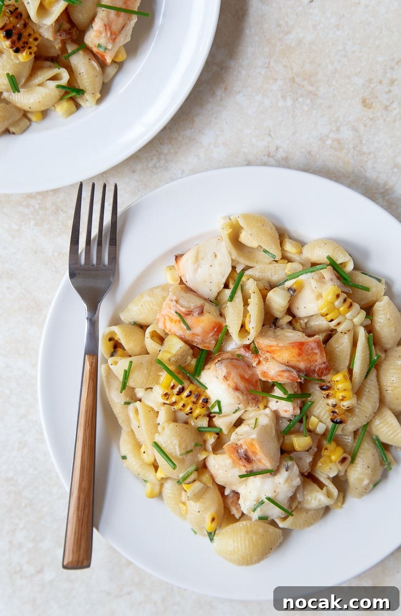 Lobster and shells with roasted corn, mascarpone and chives.