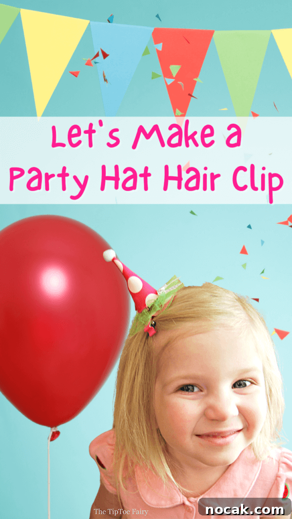 DIY Party Hat Hair Clip for Birthdays, Festivals & Celebrations 2 Blue background with red balloon and little blonde girl wearing the party hat hair clip