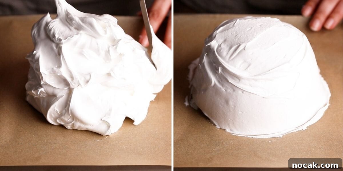 Strawberry Pavlova Recipe: Crisp Meringue with Fresh Berries 5 process photos showing shaping of the pavlova meringue