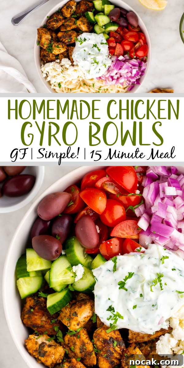 Chicken gyro bowl A chicken gyro bowl is among the easiest meals you can make. The marinated chicken and the flavors of the diced cucumbers and Kalamata olives are enhanced with the homemade tzatziki sauce for a fresh and customizable meal. Clocking in at 10 minutes to cook the chicken plus assembly its a super fast recipe as well. Gyro bowls are the perfect option for a family meal and just as good to meal prep yourself to a tasty week ahead. #glutenfreerecipes #gyro #gyrobowl #easymealprep #mealpreprecipes #chickengyro