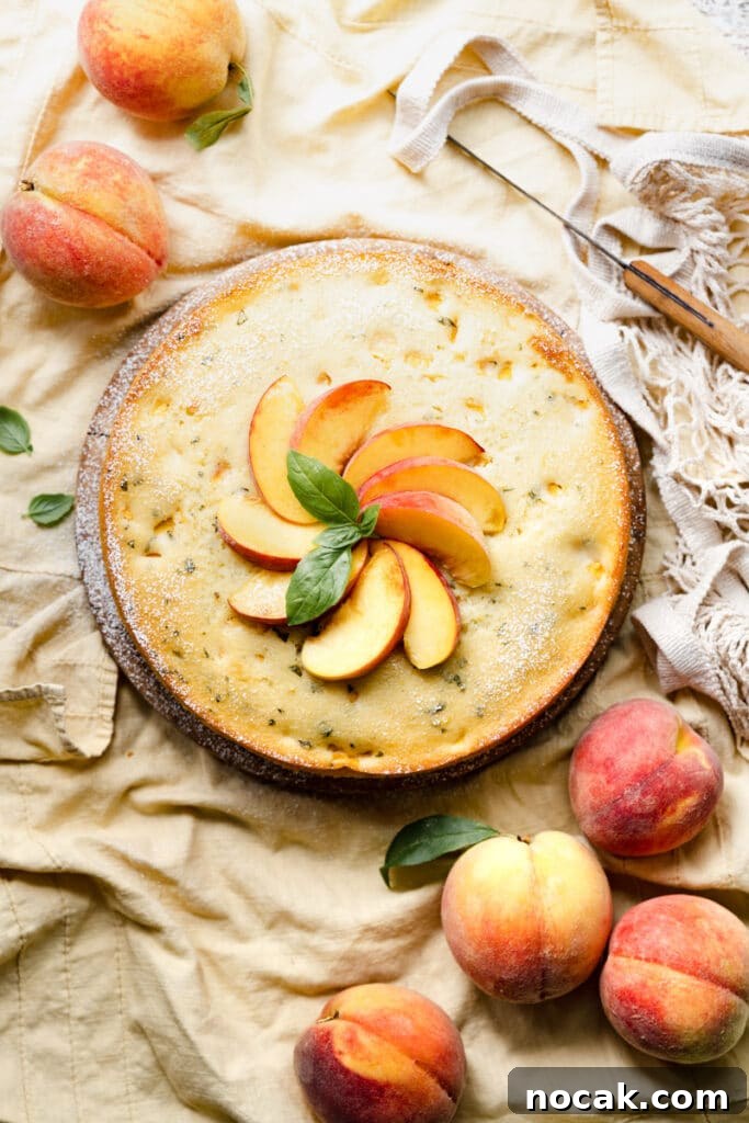 Basil Peach Ricotta Cake Recipe — Fresh Summer Dessert 2 Single layer cake topped with yellow peaches and basil on a wood board.