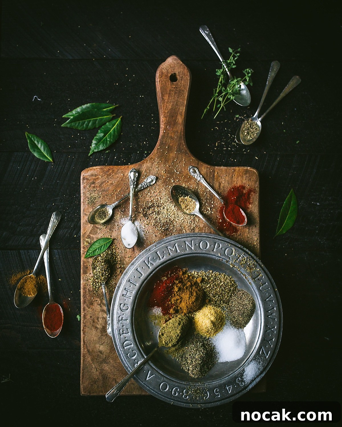 Paul Prudhomme’s Dutch Oven Jambalaya Recipe 8 overhead shot of all spices and herbs in Cajun mix for Jambalaya including filo, thyme, paprika, and 9 more
