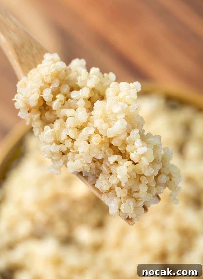 Instant Pot Quinoa: Perfect Fluffy Quinoa in 12 Minutes 3 Close up of wooden fork with Quinoa