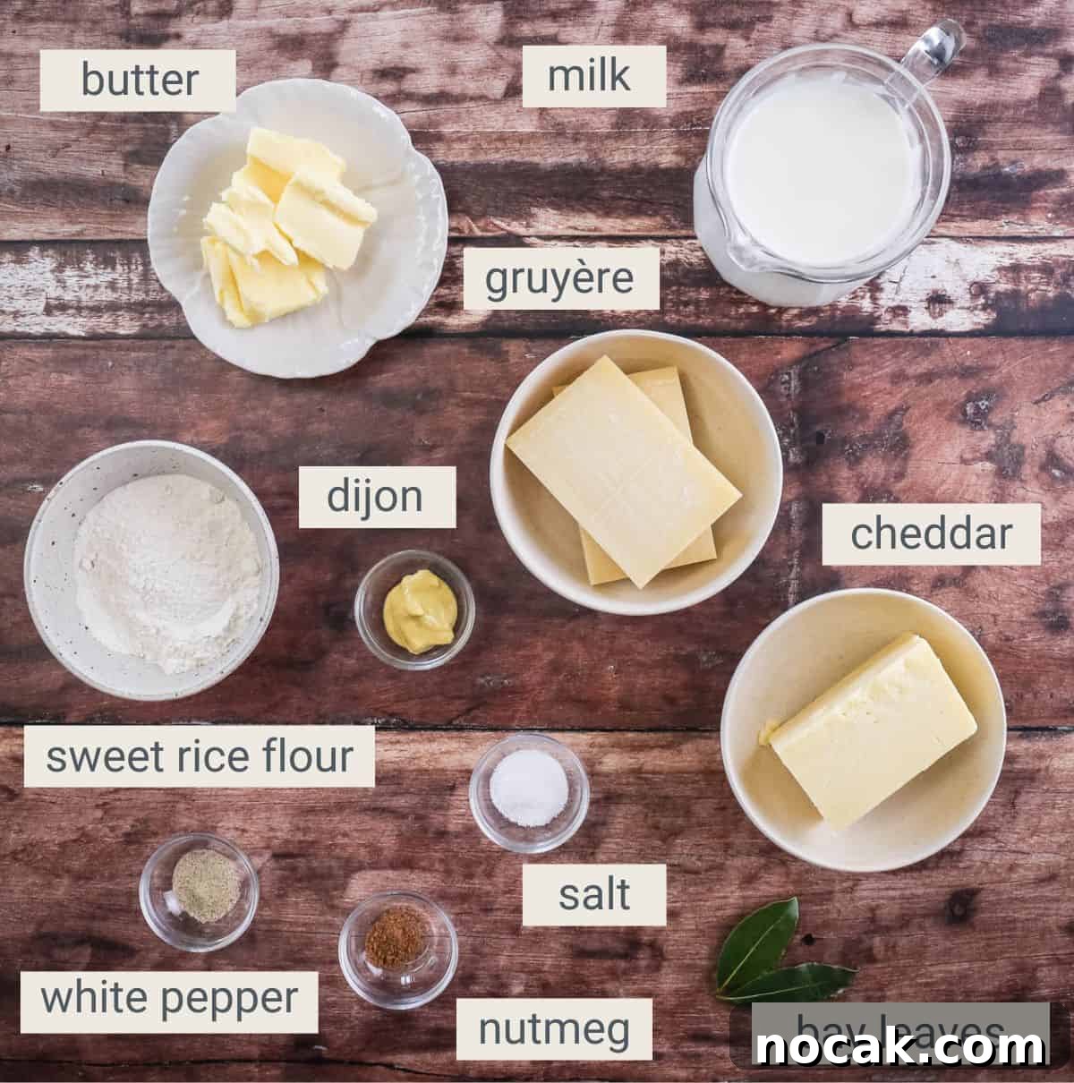 Creamy Gluten-Free Cheese Sauce Recipe for Dips & Pasta 3 Gluten-Free Cheese Sauce ingredients on table.