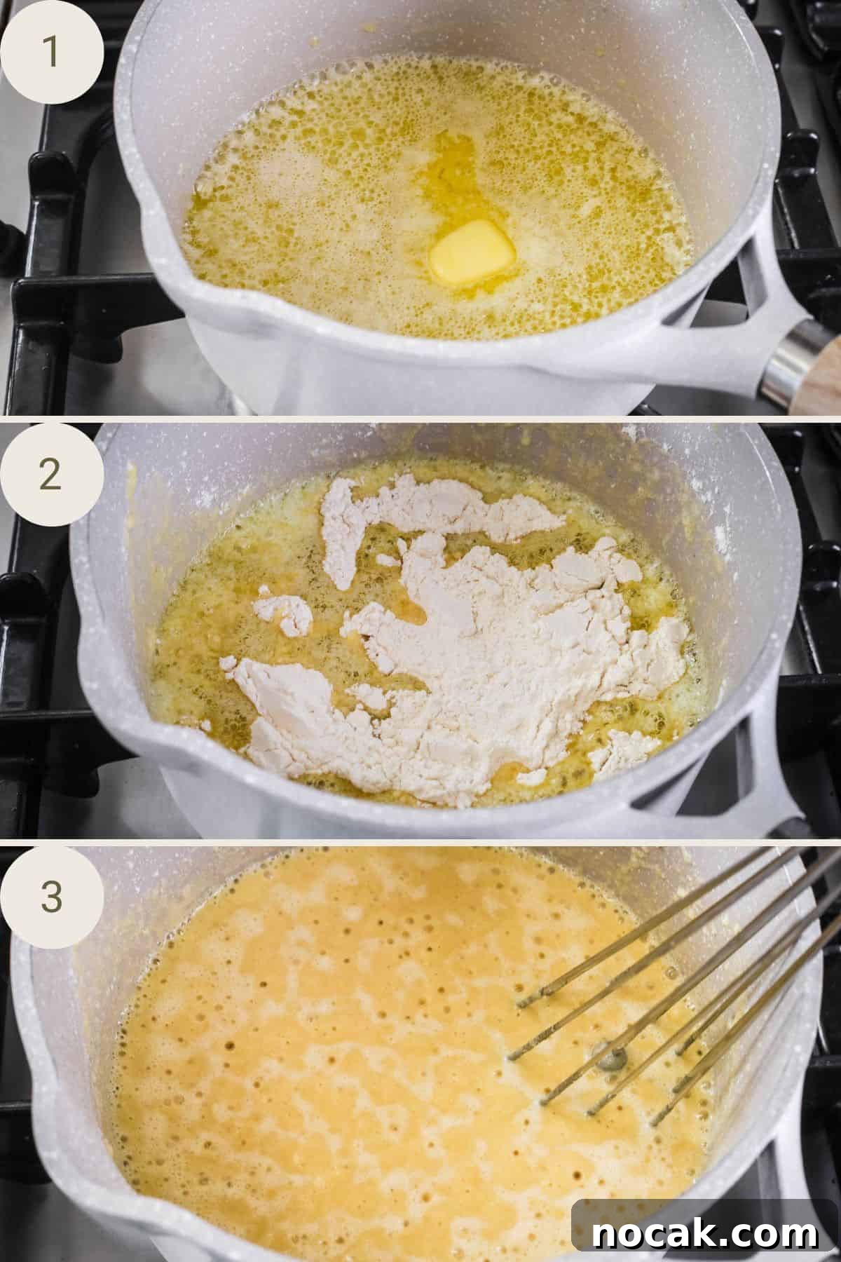 Creamy Gluten-Free Cheese Sauce Recipe for Dips & Pasta 4 Butter melted in saucepan. Sweet rice flour (or cassava flour) added to melted butter. Whisked in with ball whisk.
