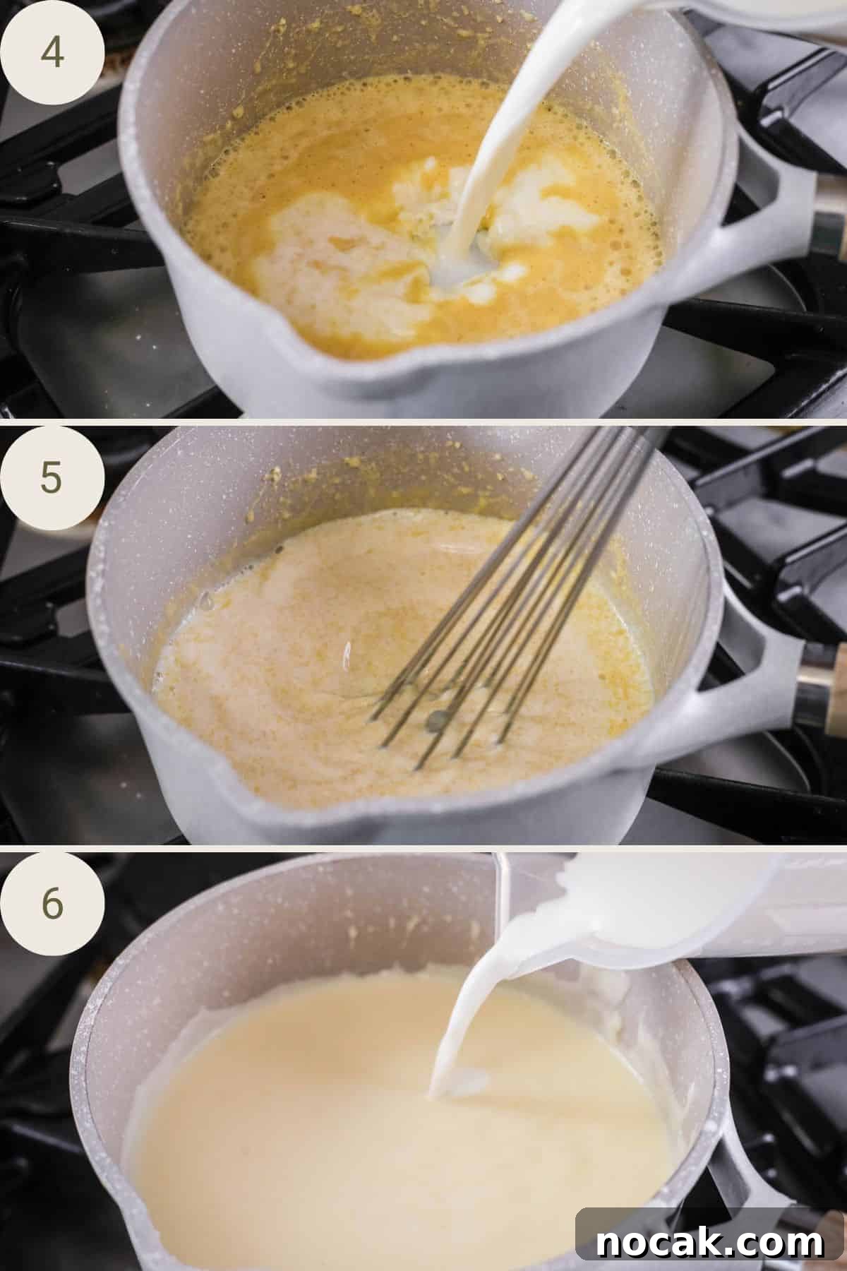 Creamy Gluten-Free Cheese Sauce Recipe for Dips & Pasta 5 Milk poured into roux gradually, whisking all the time until the sauce is thick and smooth.