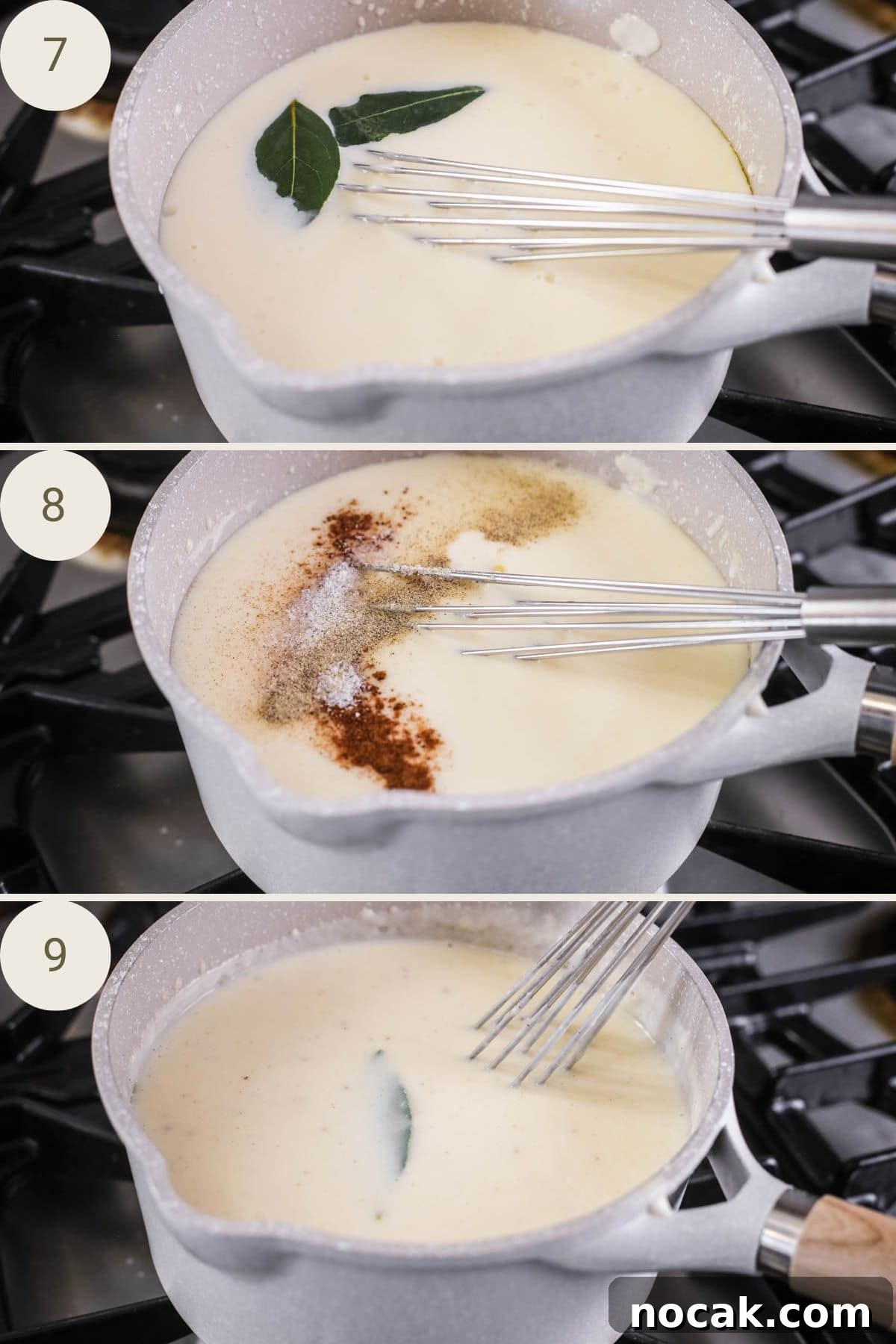 Creamy Gluten-Free Cheese Sauce Recipe for Dips & Pasta 6 Bay leaves added to sauce in pan, followed by seasonings. Whisk in to combine.