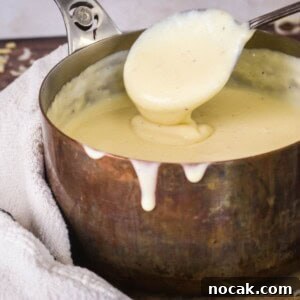 Creamy Gluten-Free Cheese Sauce Recipe for Dips & Pasta 10 Spooning gluten-free cheese sauce from saucepan showing velvety creamy texture.