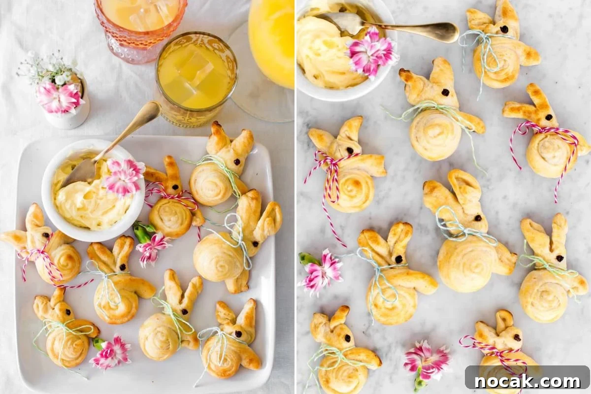 35 Easter Appetizers to Kick Off Your Holiday Feast 12 A spread of easter bunny-shaped baked rolls, some tied with decorative string and adorned with flowers, accompanied by small jars of dipping sauce.