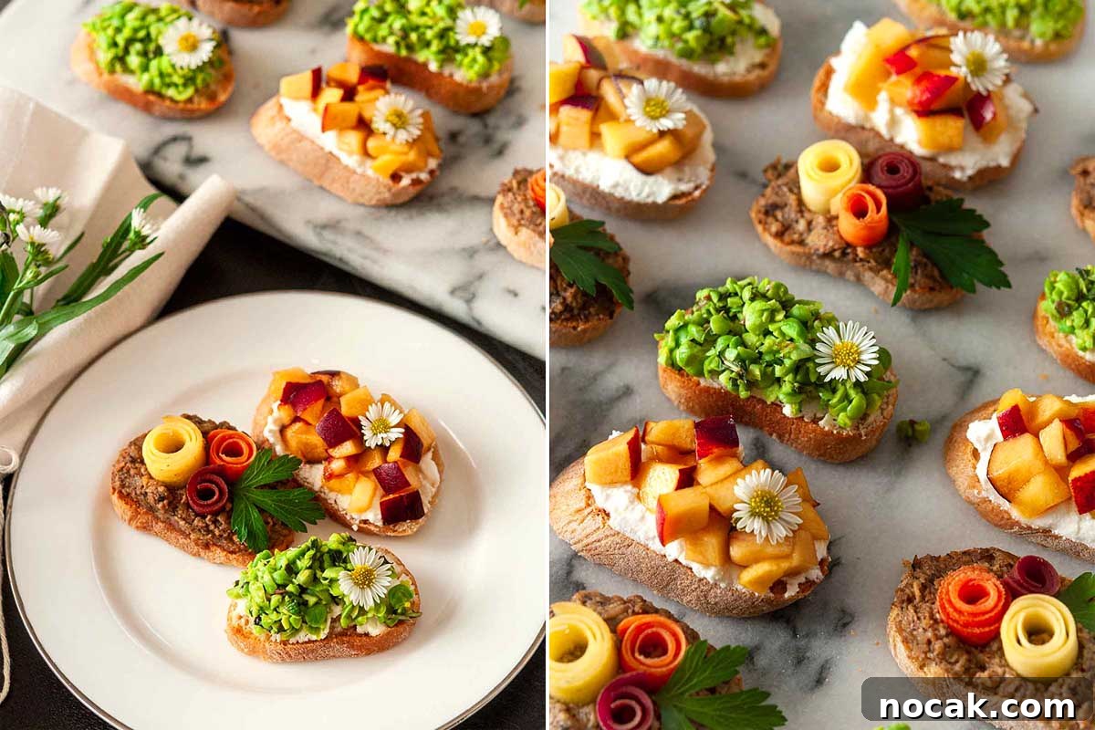 35 Easter Appetizers to Kick Off Your Holiday Feast 13 Assorted crostini with various colorful toppings displayed on a marble surface as an Easter appetizer.