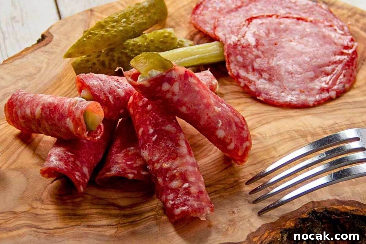 35 Easter Appetizers to Kick Off Your Holiday Feast 33 An Easter appetizer selection of sliced salami and cheese rolls with pickles on a wooden cutting board, accompanied by a fork.