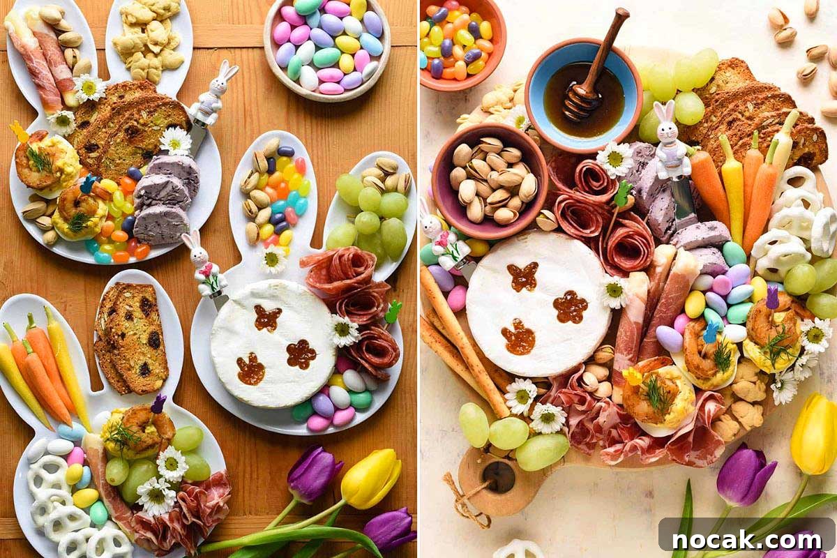 35 Easter Appetizers to Kick Off Your Holiday Feast 5 A colorful spread of Easter appetizer dishes and snacks with decorated eggs and tulips.