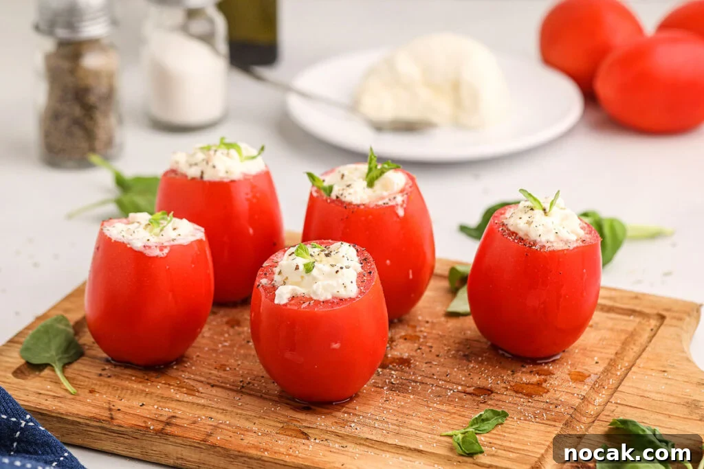 35 Easter Appetizers to Kick Off Your Holiday Feast 6 Tomatoes filled with burrata on a serving tray.