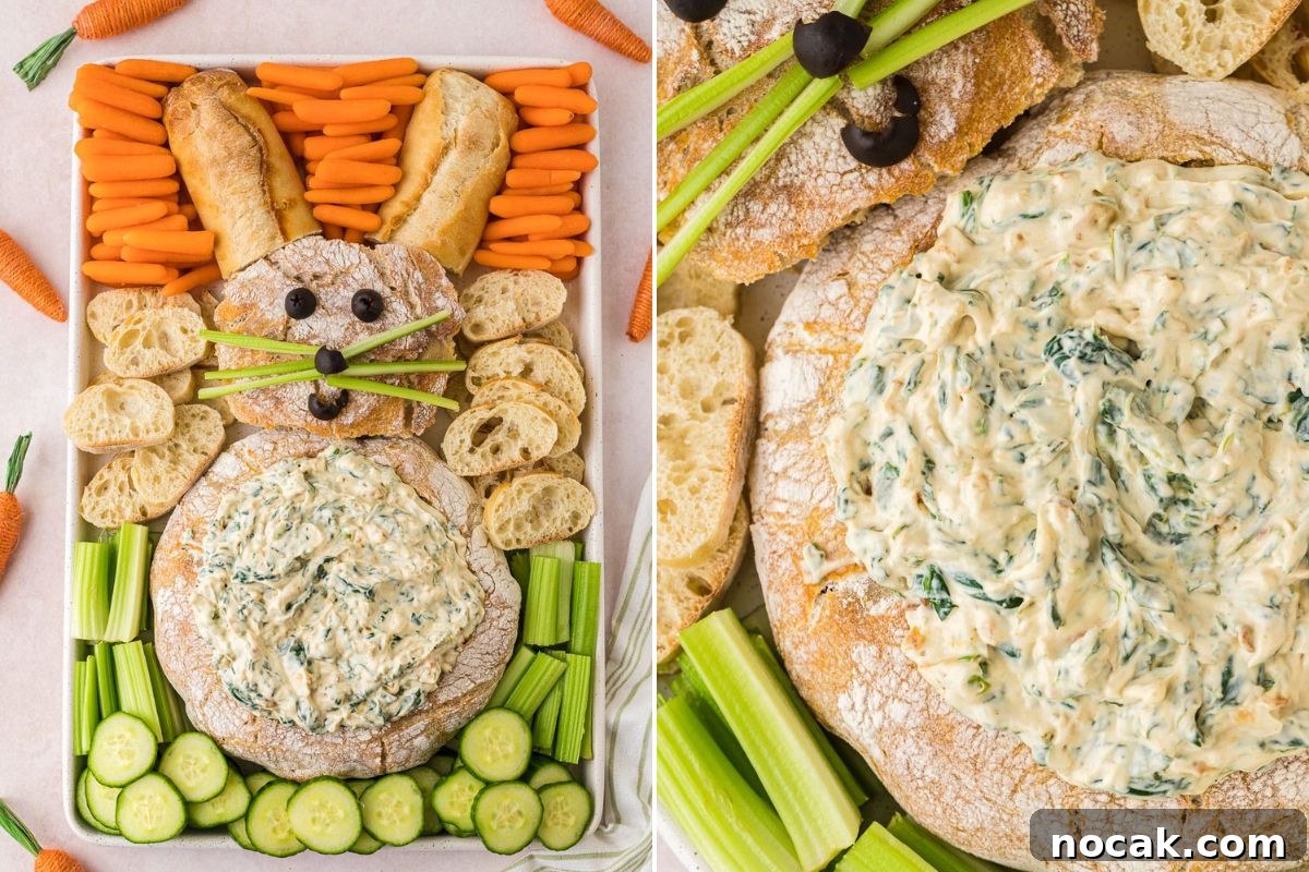 35 Easter Appetizers to Kick Off Your Holiday Feast 10 A creative vegetable platter arranged to resemble a rabbit next to a bowl of spinach dip with bread slices.