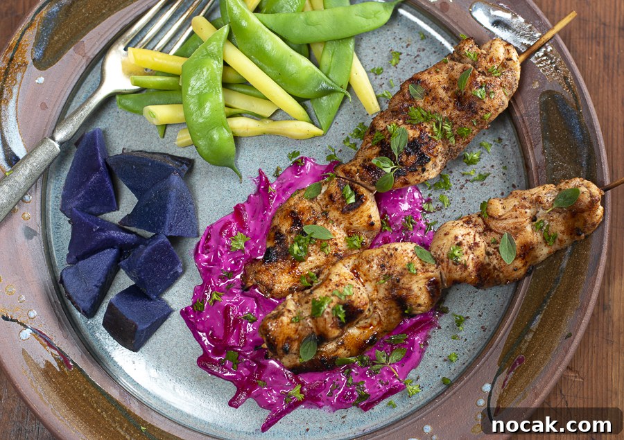 Tender Steamed Baby Beets in Garlic-Scape Vinaigrette 11 Beet tzatziki sauce with spiced chicken skewer