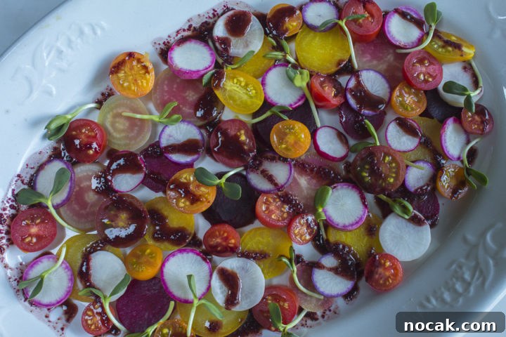 Tender Steamed Baby Beets in Garlic-Scape Vinaigrette 12 Beet, tomato and radish salad with beet green vinaigrette