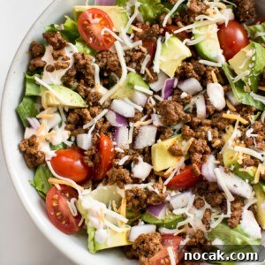 Low-Carb Chicken Taco Salad with Creamy Avocado Dressing 6 This low-carb taco salad recipe is healthy, easy to make, and it's ready in less than 30 minutes. This beef taco salad is loaded with delicious southwest flavors! A clean eating recipe that's perfect for meal prep.