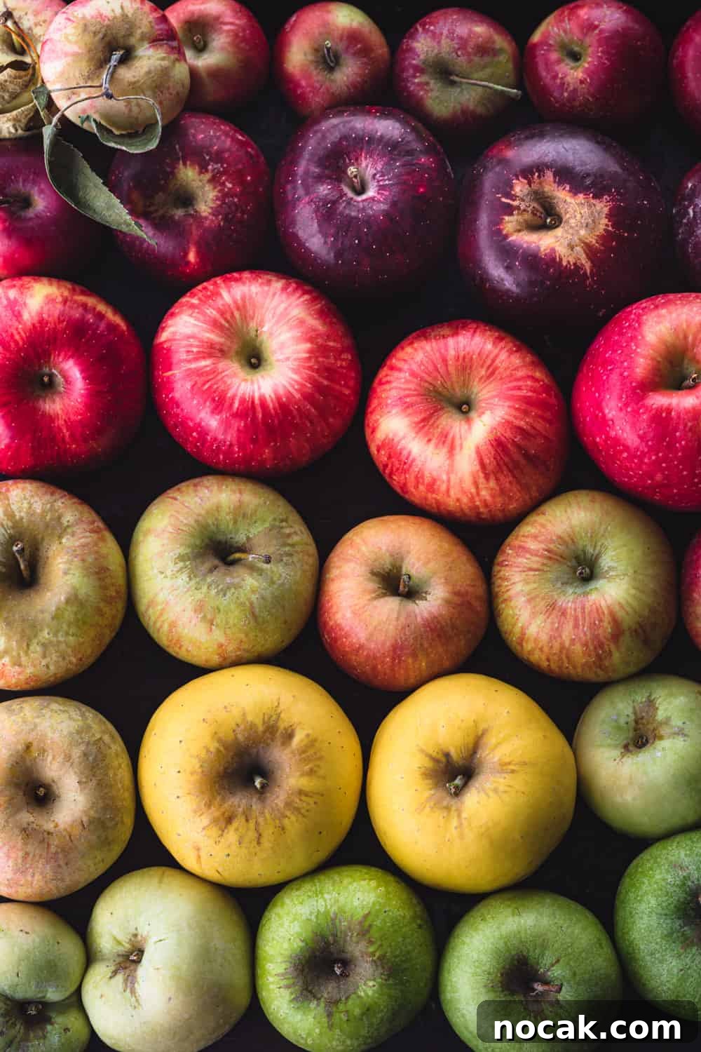 Apples arranged like a rainbow! There's red, purple, pink, yellow, green and hues in between; on a black background.