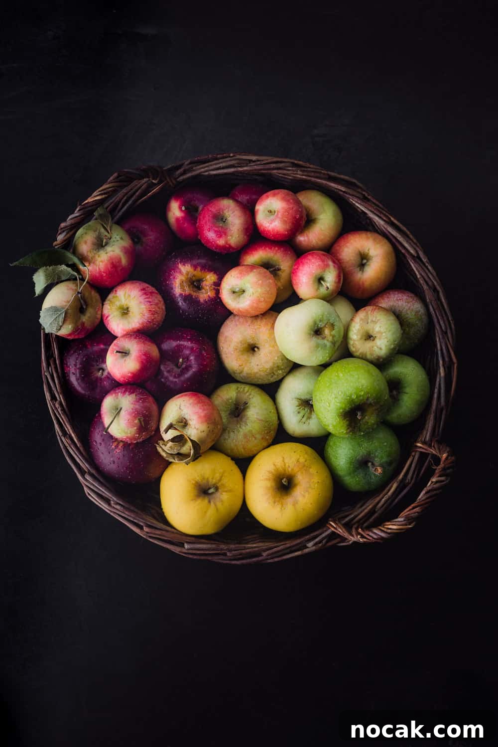 Apples in every color of the rainbow! In a woven basket; overhead shot on a black background.