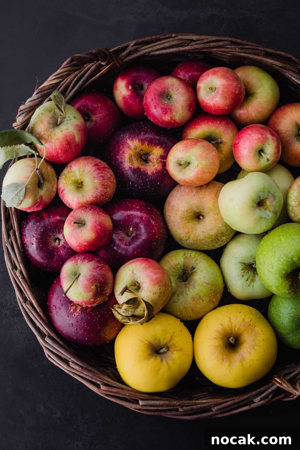 Close up shot of apples in all sorts of different colors; in a woven basket, right side of basket is cut off; overhead shot; black background.