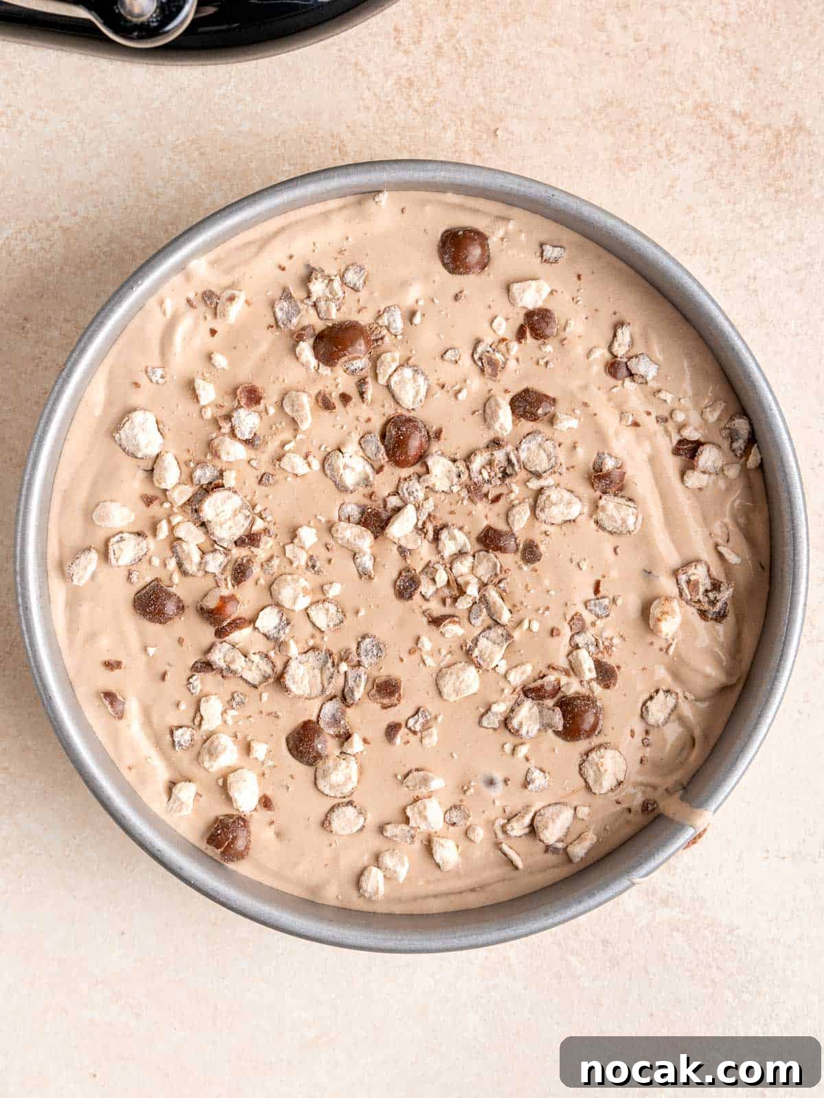 Chocolate Malted Crunch Ice Cream Recipe: Creamy Malted Chocolate with Crispy Crunch 11 Chocolate malted crunch ice cream in a round 9-inch pan with crushed Whoppers on top.