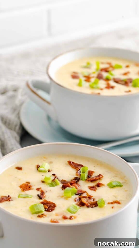 Creamy Instant Pot Cauliflower and Potato Soup Recipe 4 White bowl of soup garnished with bacon and scallions.