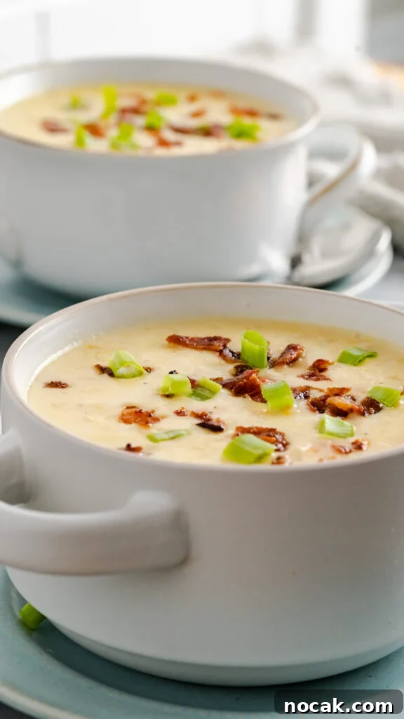 Creamy Instant Pot Cauliflower and Potato Soup Recipe 5 Cheesy cauliflower soup garnished with bacon and scallions.