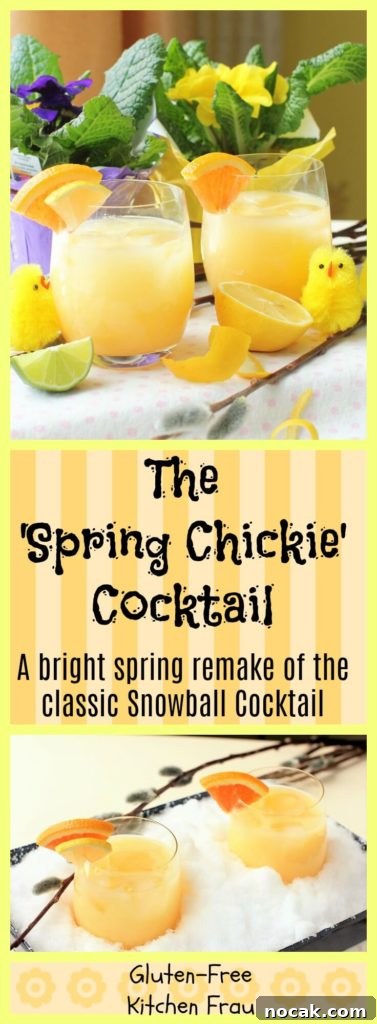 Spring Chickie Cocktail: Bright, Floral Spring Drink Recipe 9 A bright citrus-laced spring cocktail. It's a remake of the classic Snowball Cocktail, with its creamy egg liqueur base and tangy lemonade and orange blossom overtones.