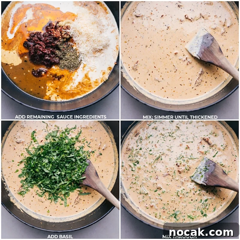 Marry Me Chicken: Creamy Skillet Recipe with Sun-Dried Tomatoes 3 Cream sauce for this marry me chicken recipe being whisked and simmered together.
