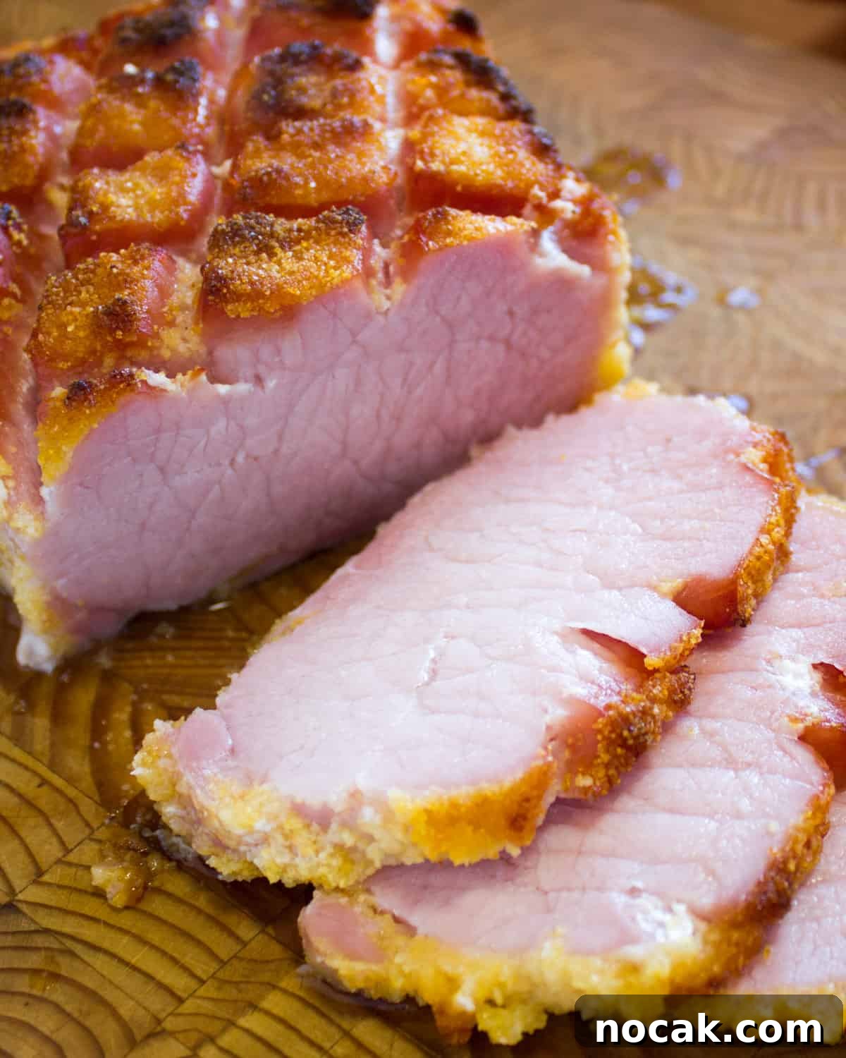 Close up picture of cooked pea meal bacon with a couple slices cut off and resting in front.