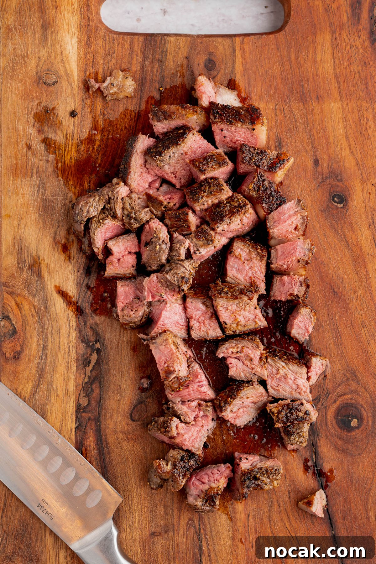 Steak Salad with Avocado-Lime Cilantro Crema Recipe 6 The steak cut into cubes after cooking and resting.