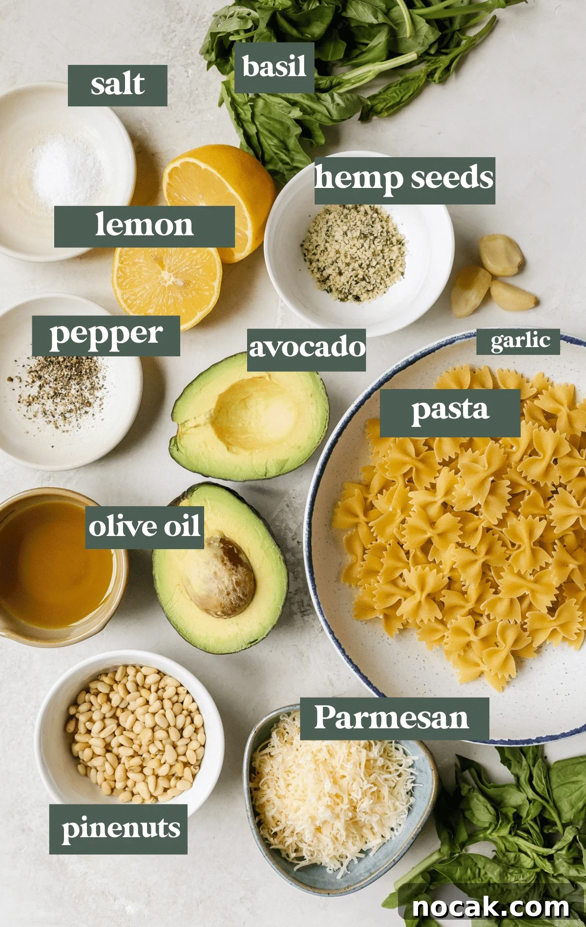 Creamy Avocado Pesto Pasta Recipe for Quick Weeknight Meals 3 ingredients to make pesto in small bowls.