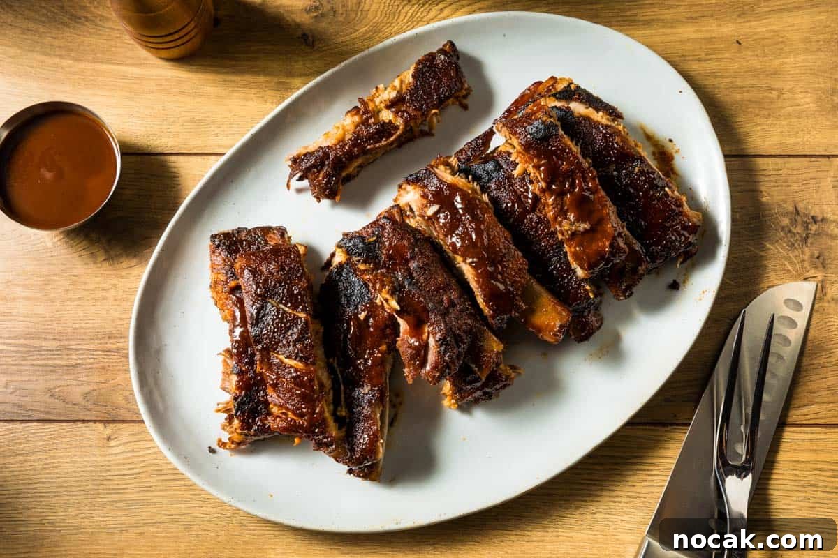 a platter of st louis style barbecue ribs just out of the oven on a white plate that's on a wooden table